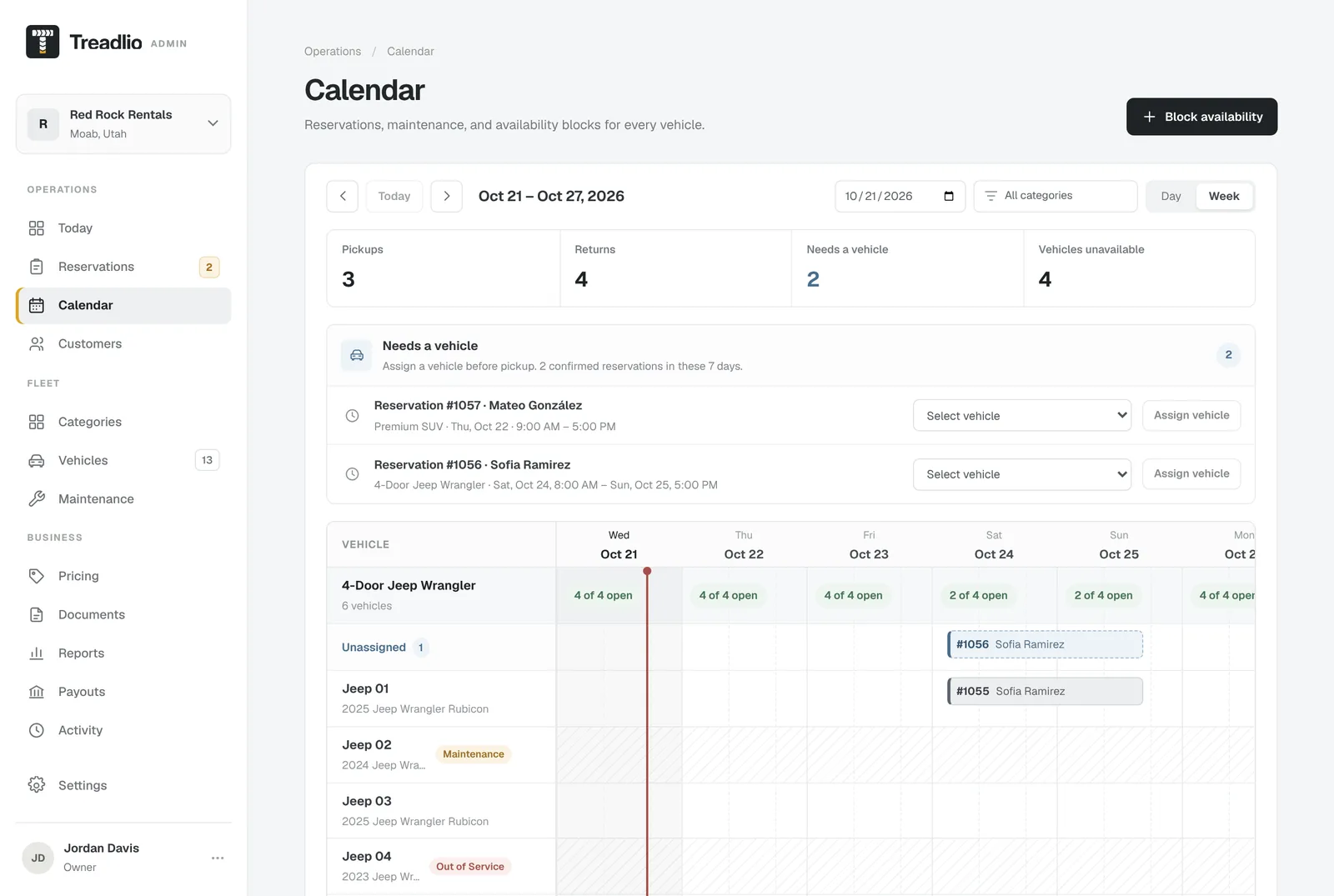 Treadlio Admin's calendar: a week of reservations and maintenance for every vehicle, with bookings that still need a vehicle.