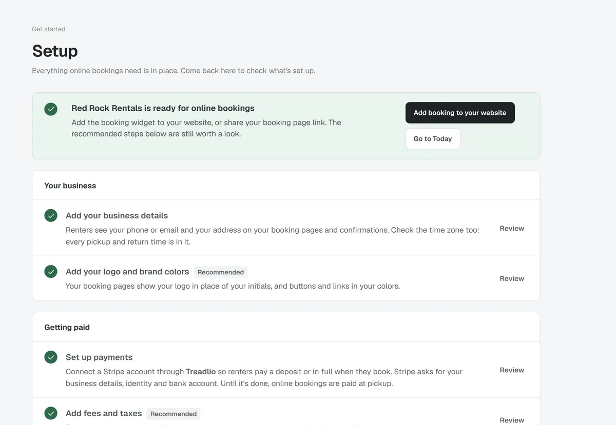 Treadlio Admin's setup checklist, with every required step done and online booking ready.