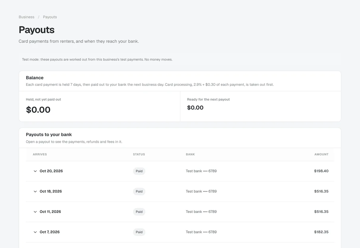 Treadlio Admin's payouts page, listing payouts to the business's bank with their amounts.