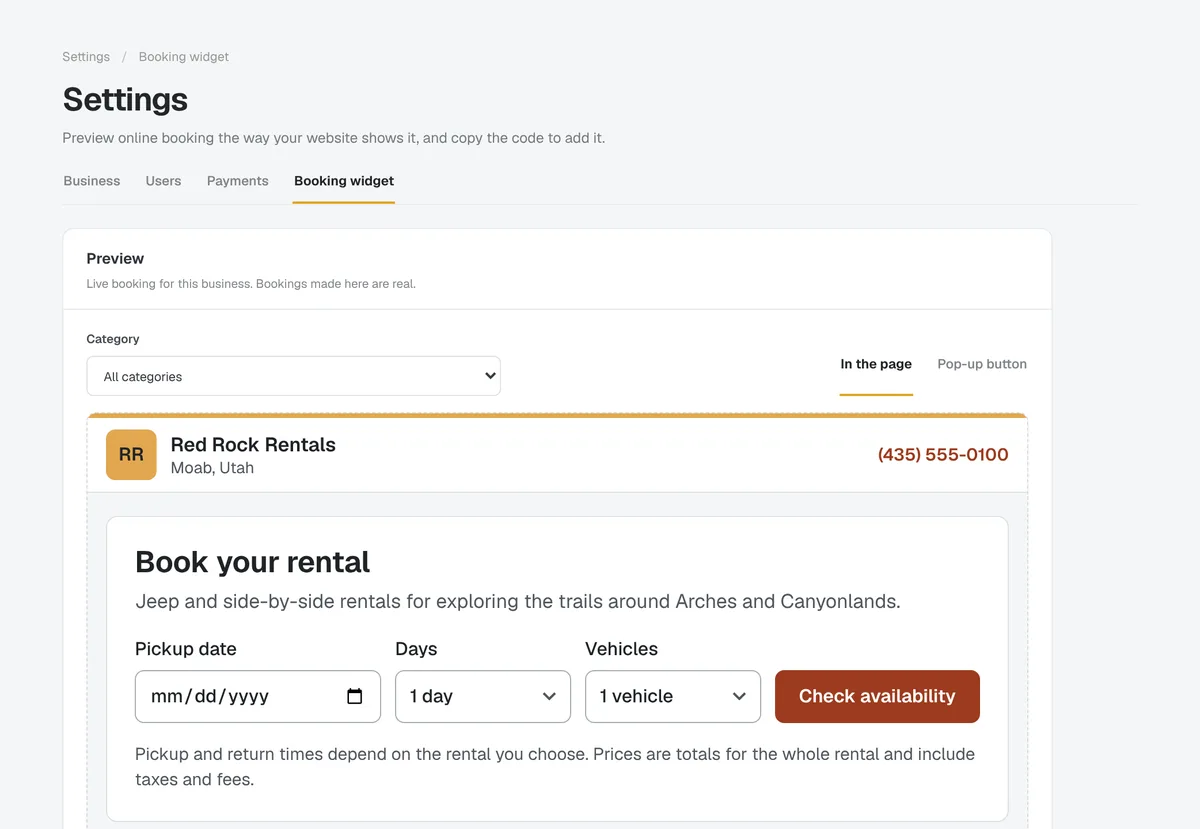 Treadlio Admin's booking widget page, previewing Red Rock Rentals' booking form as a website shows it.
