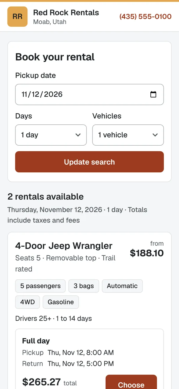 A rental business's booking page on a phone, showing a Jeep Wrangler's rates with pickup and return times and totals.